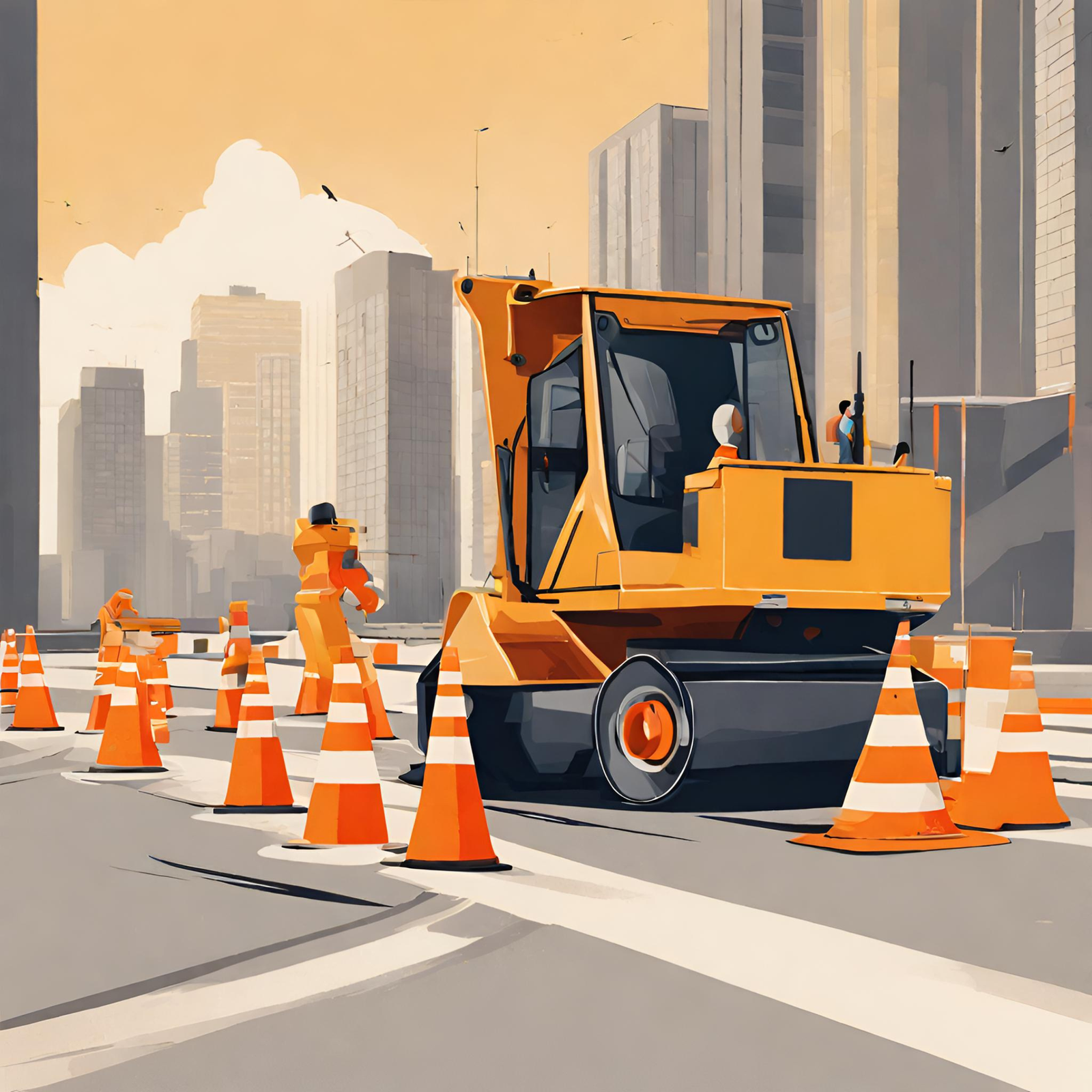 Orange cones displayed around a vehicle that is operating in a construction zone