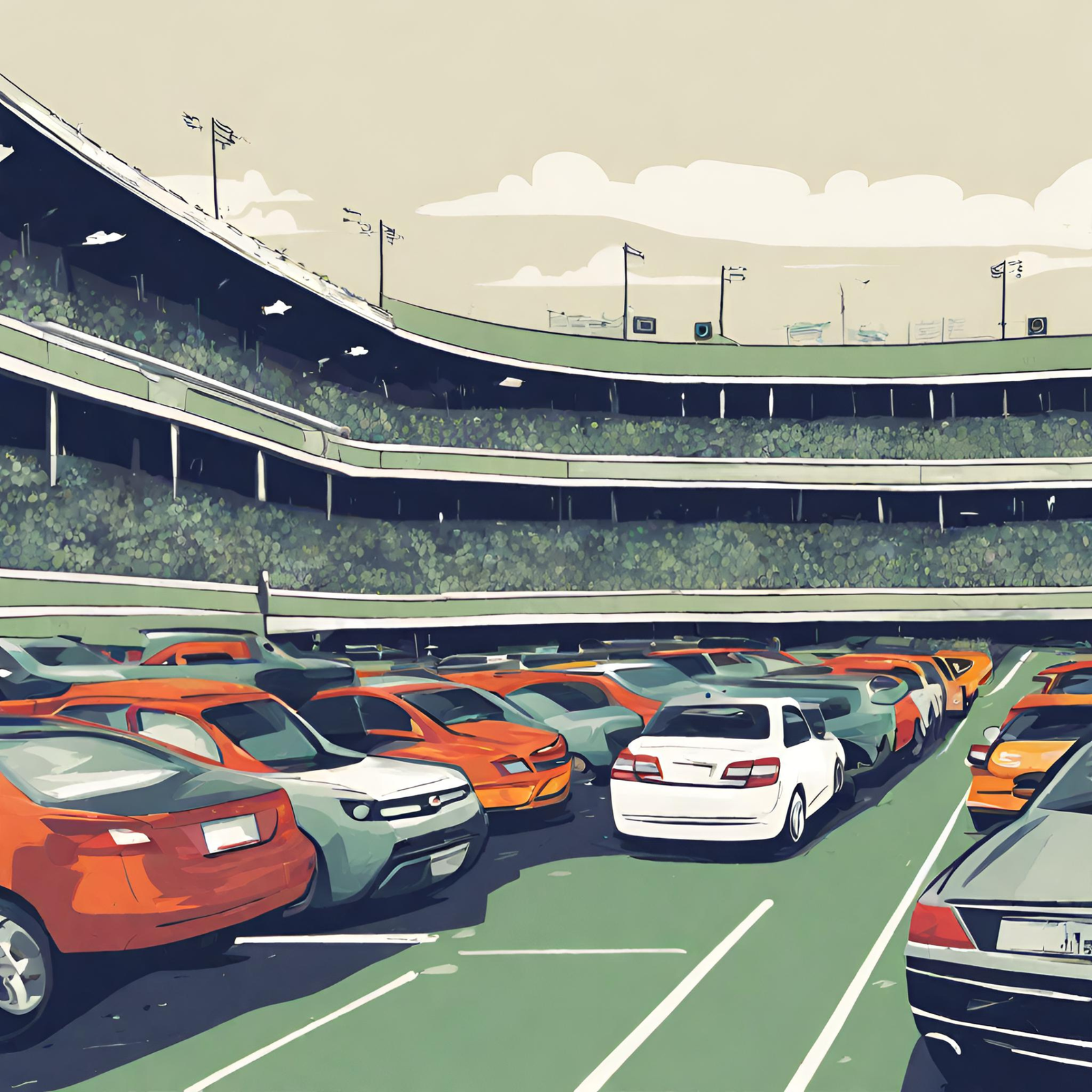 Cars lined up in a parking lot at a major sporting event