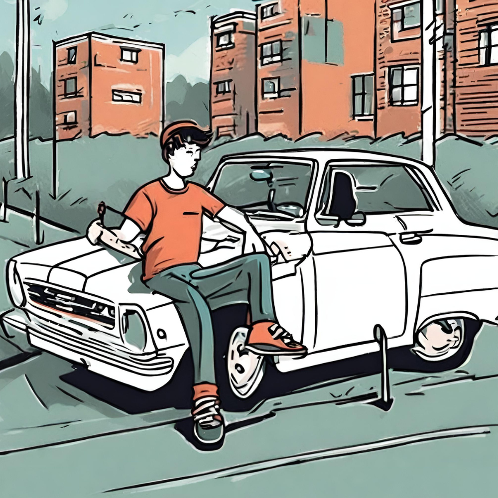 A teen sitting on the hood of his white car being mindful of driving safety