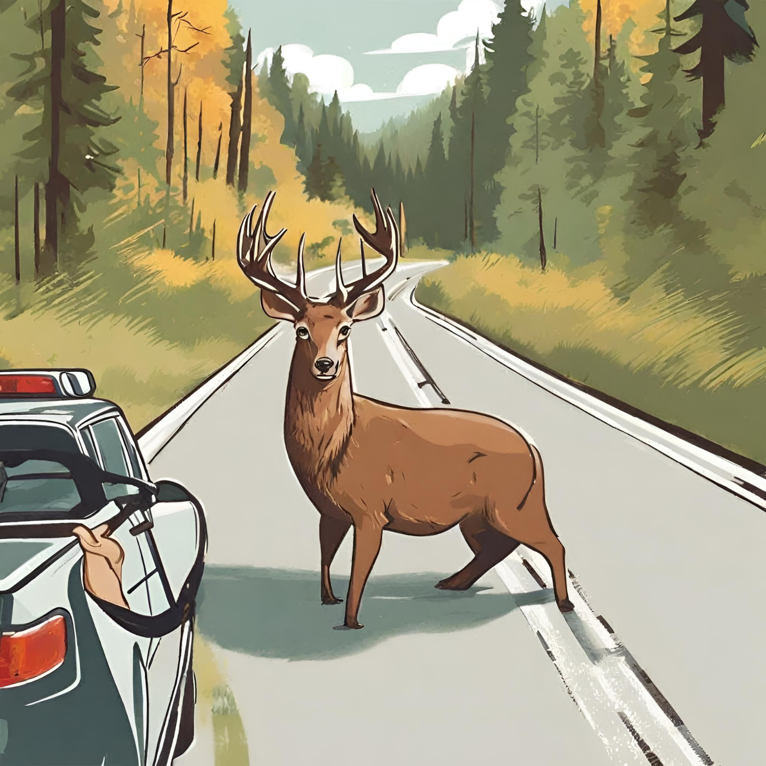 A deer in the middle of the street standing in front of a car that has maneuvered on the side of the road