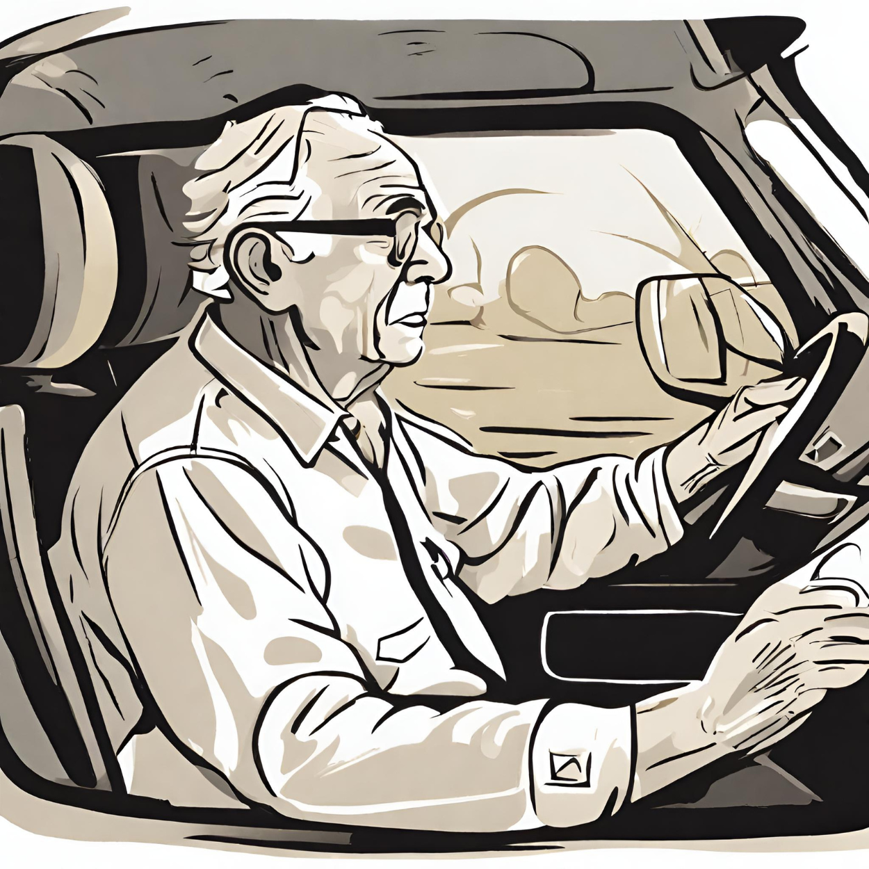 An elderly man driving his car