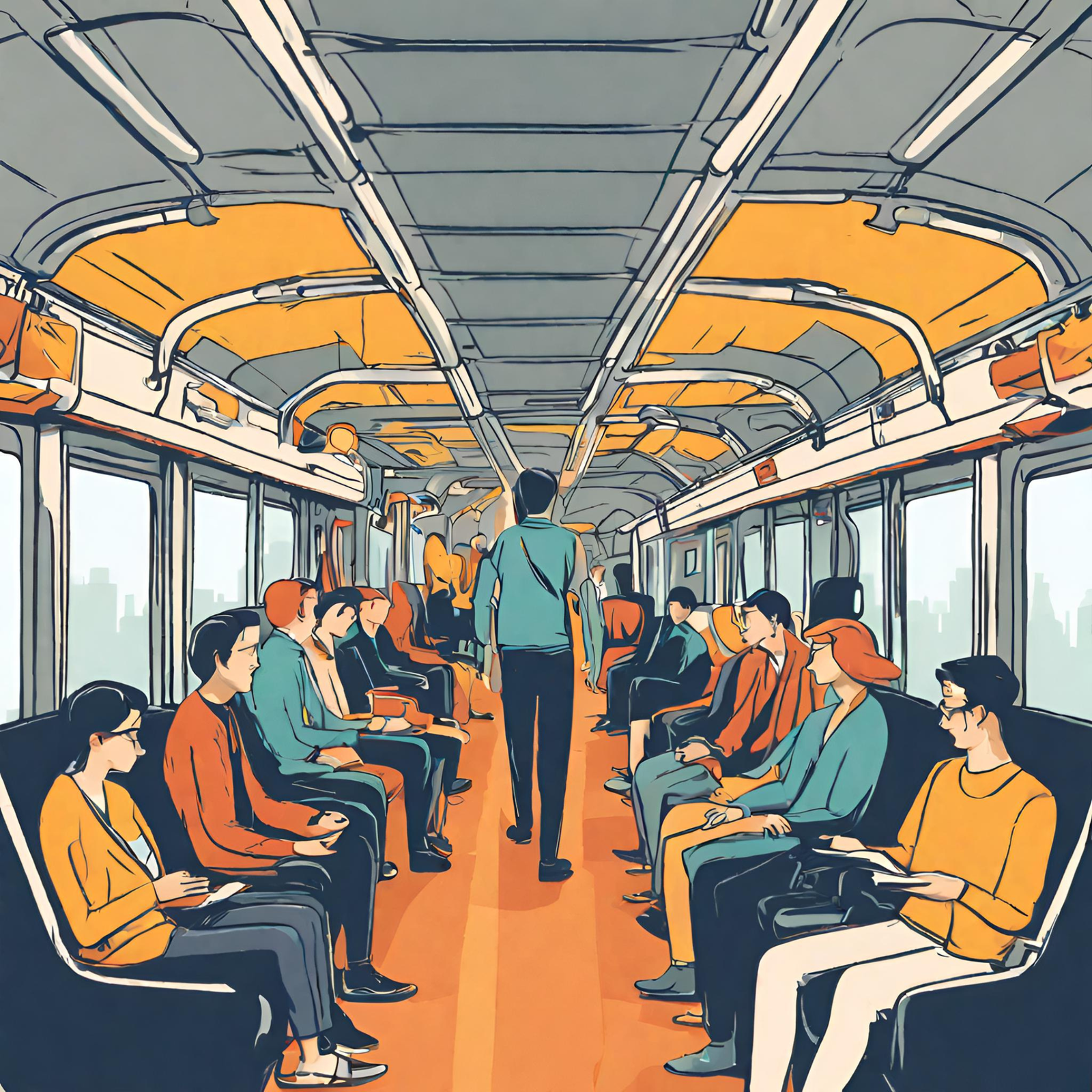 A group of people calmly sitting in a public transportation vehicle